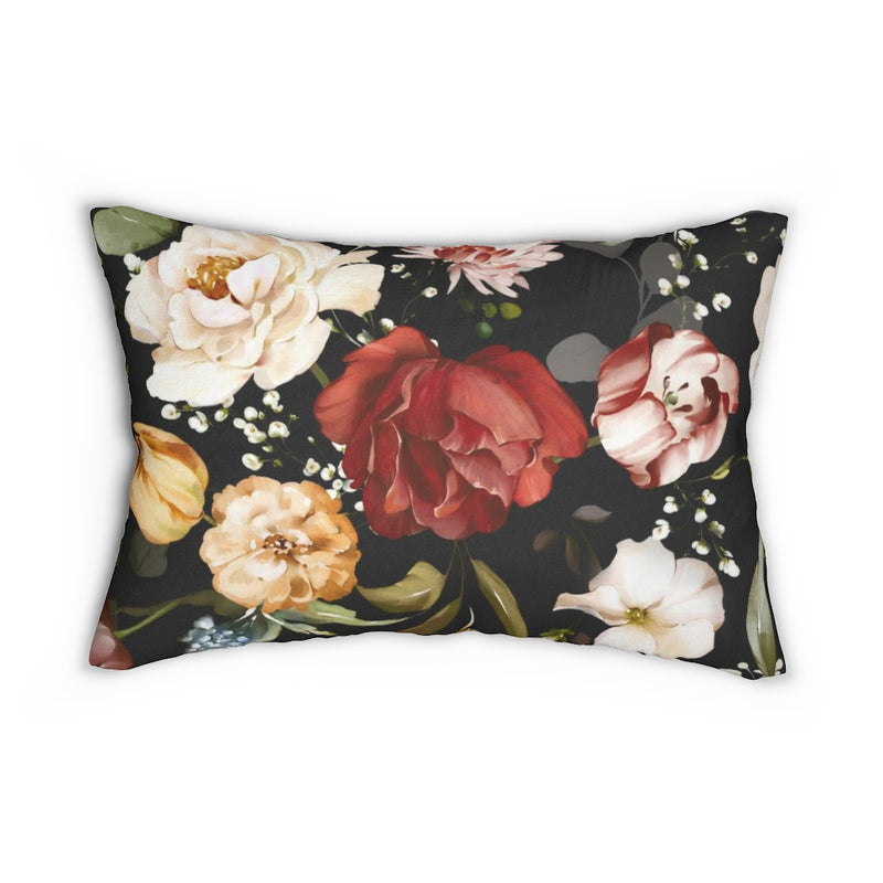 Floral Boho Lumbar Pillow | Black Red Cream Rose