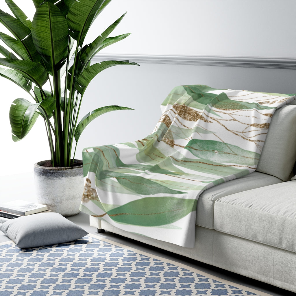 Eucalyptus Leaves, Green Gold White Blanket