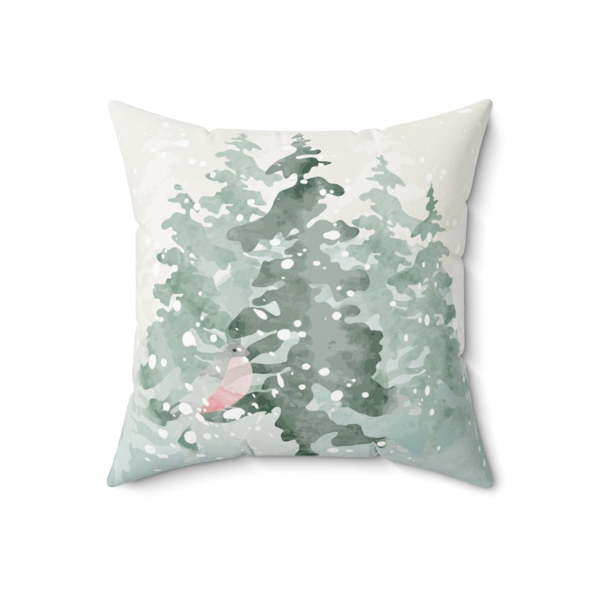 Christmas Square Pillow Cover | Green Watercolor Snowy Forest Trees