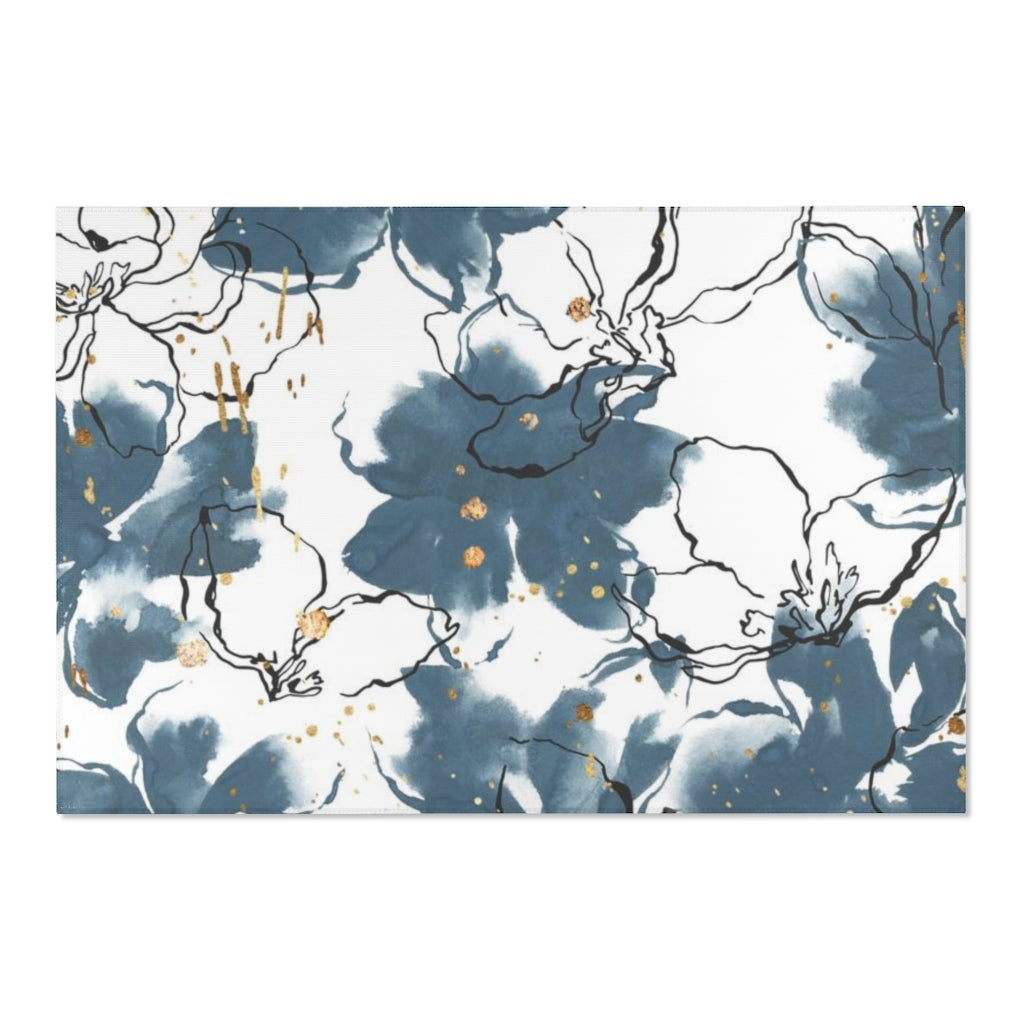 Floral Area Rug |  White Navy Blue Black Gold