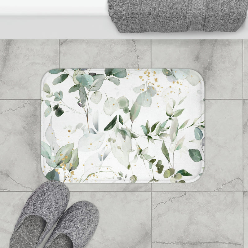 Boho Bath, Kitchen Mat | Floral Eucalyptus Sage Green White