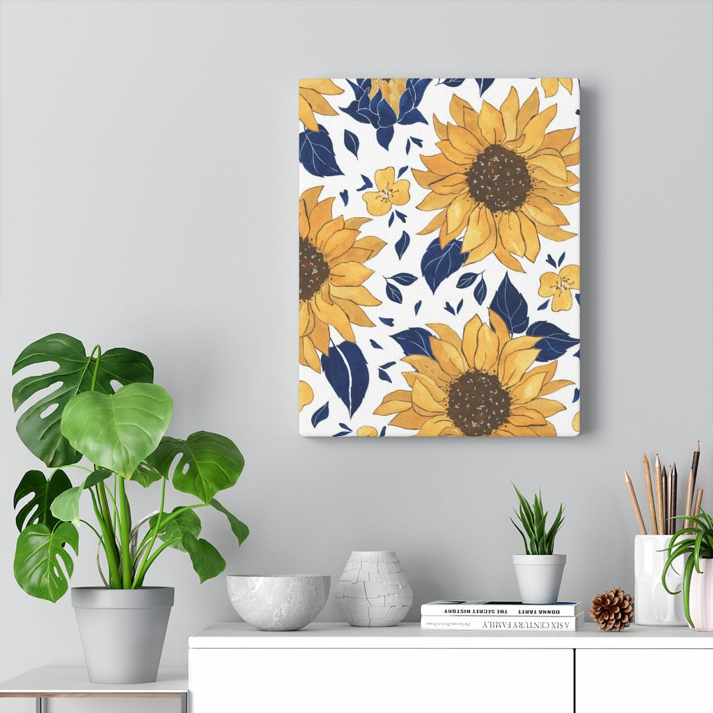 FLORAL WALL CANVAS ART | White Blue Yellow Sunflowers