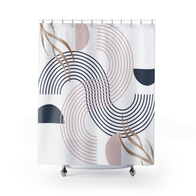 Mid Century Shower Curtain | Abstract Navy Blush Pink, White Geometric