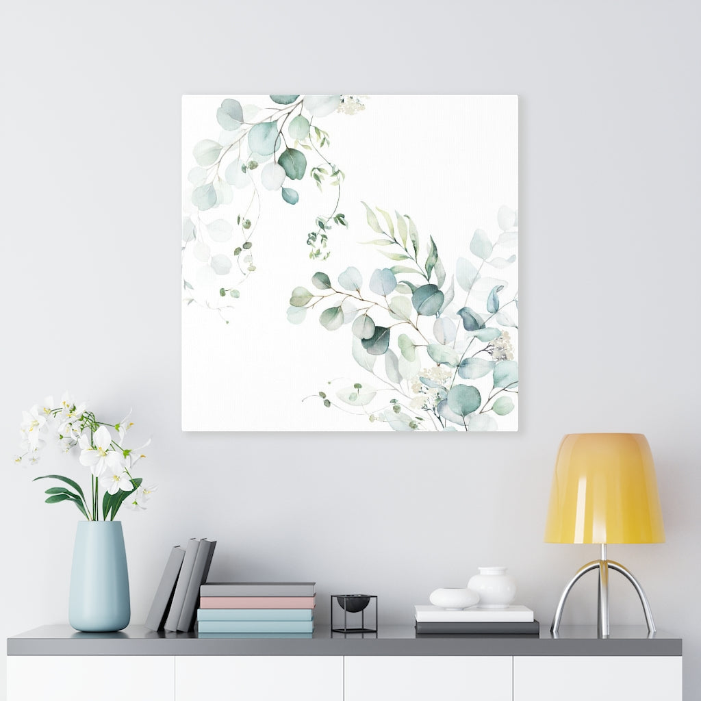 Floral Wall Canvas Art | White Green Eucalyptus Leaves