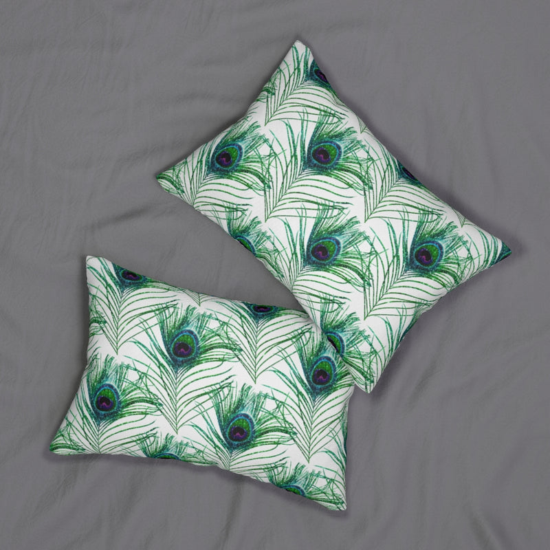 Abstract Boho Lumbar Pillow | White | Peacock Feathers