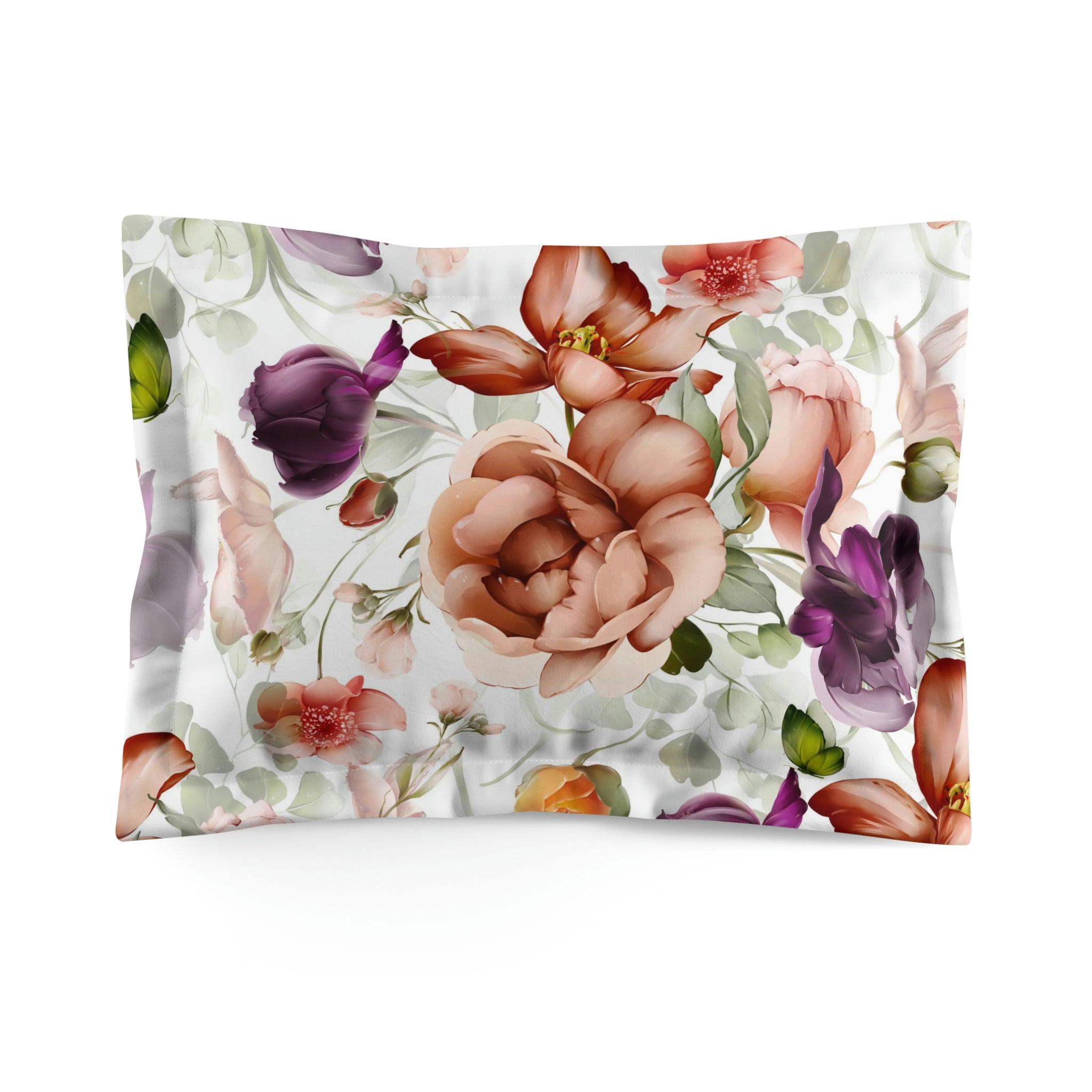 Bedding Pillow Sham | White Purple Rust Peonies Garden