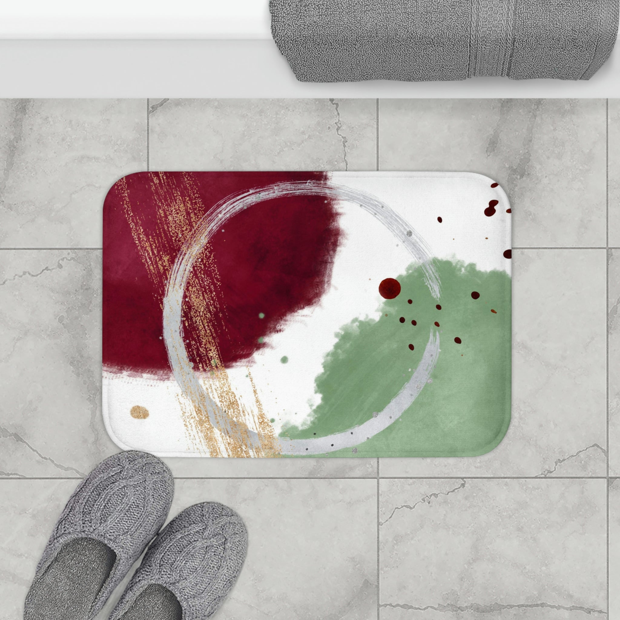 Boho Abstract Bath, Kitchen Mat | Burgundy Green