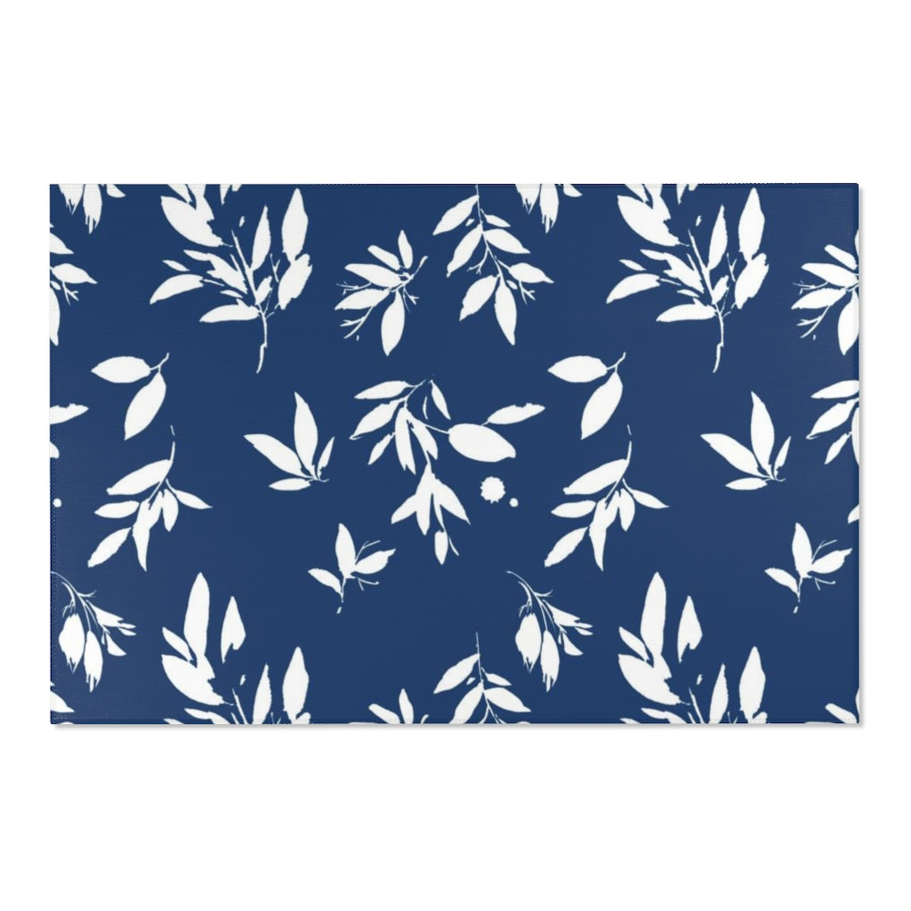 Boho Area Rug | Navy White Leaves