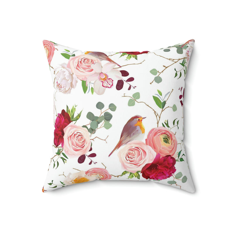 Floral Birds Pillow Cover | White Red Pink
