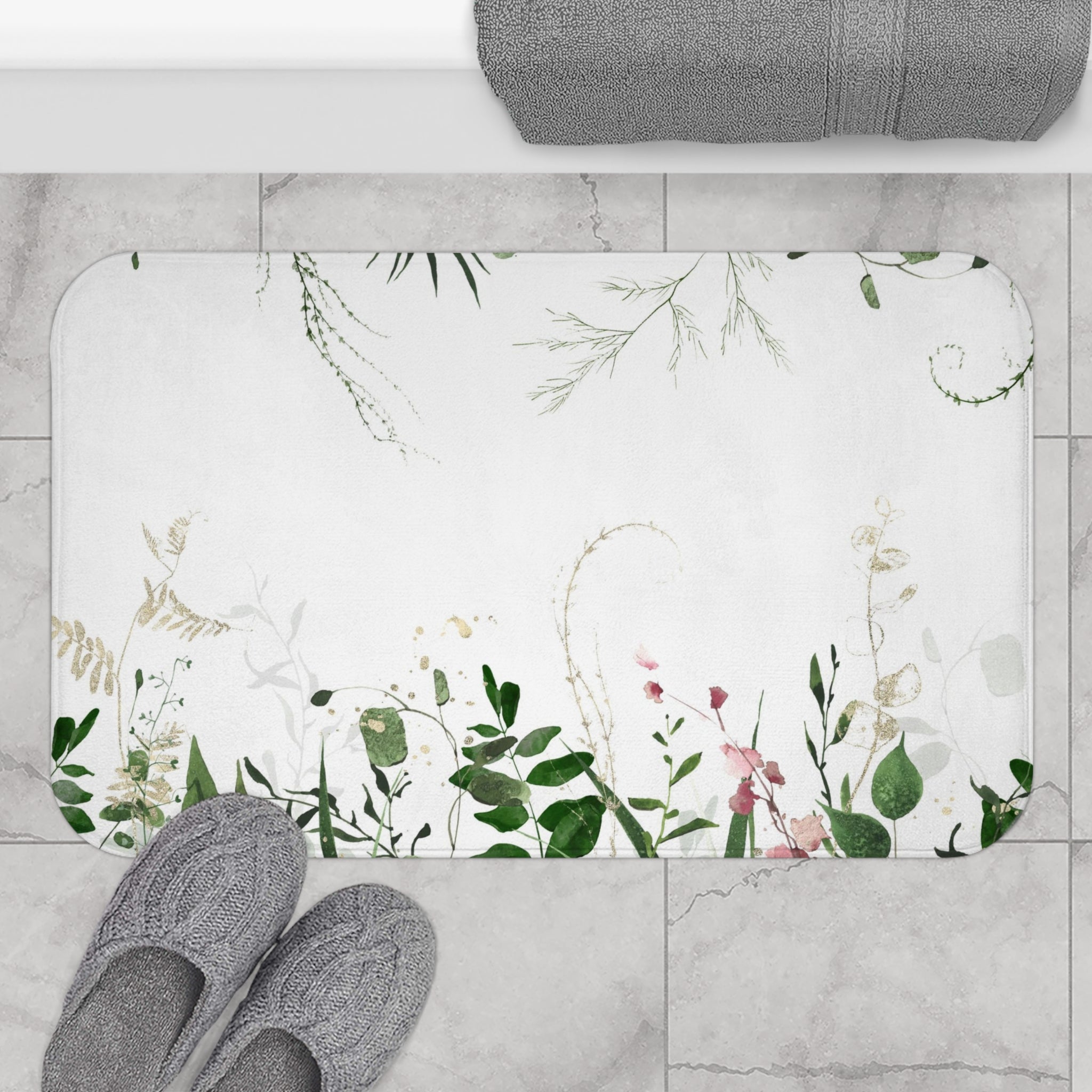 Floral Boho Bath, Kitchen Mat, Rug | White Green Monstera Jungle Leaves