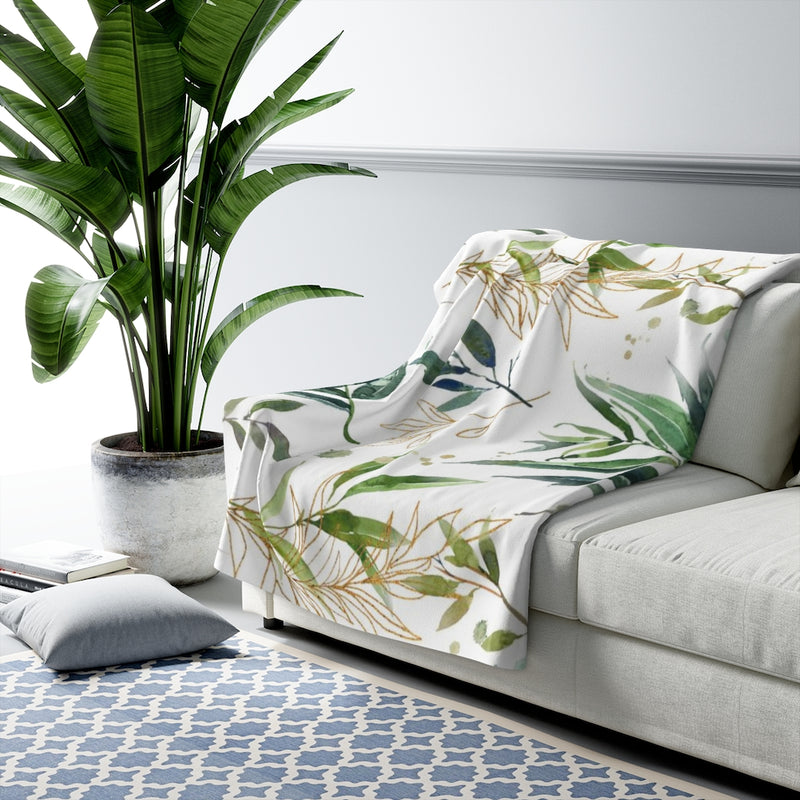 Floral Comfy Blanket | Green White Gold Sage Leaves