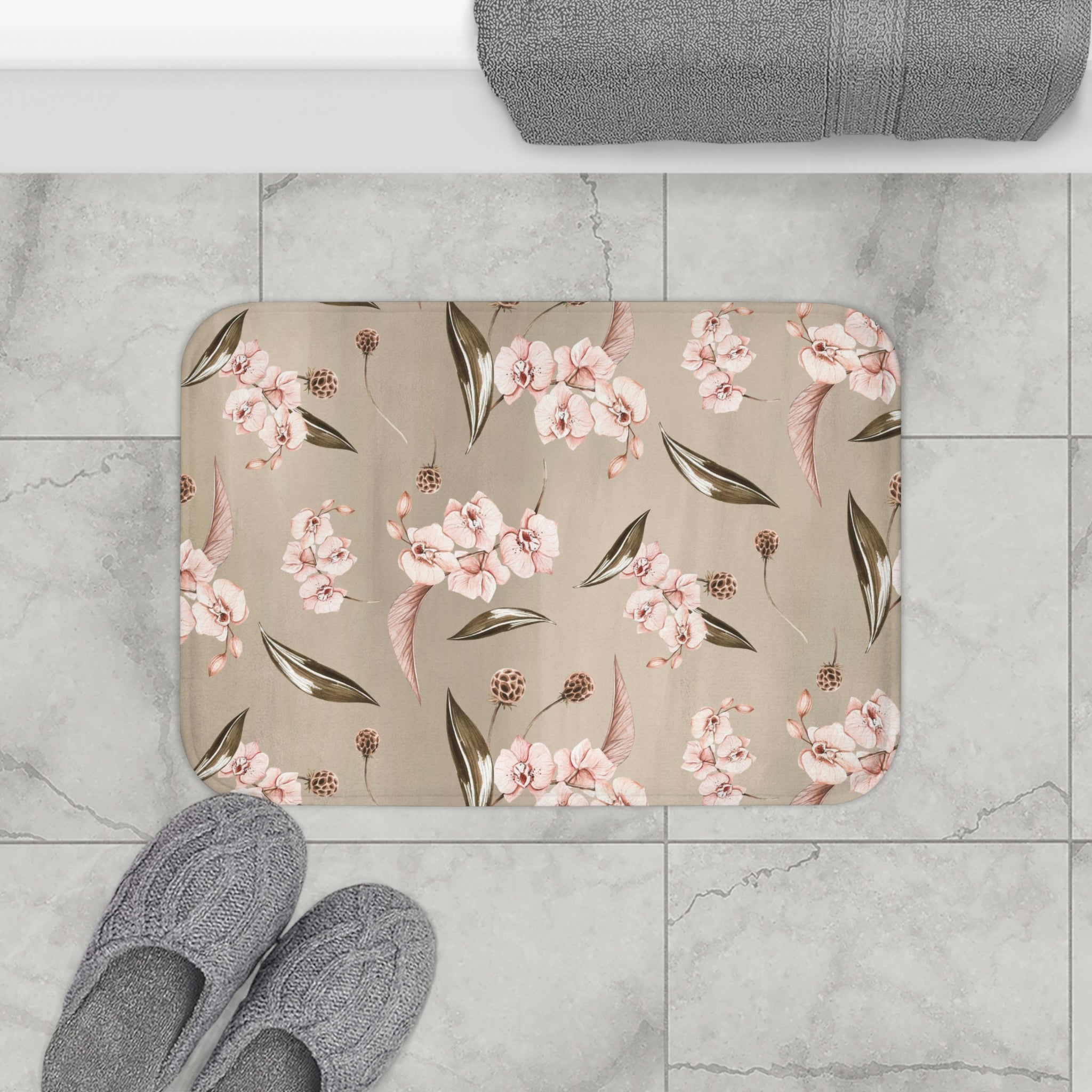 Boho Floral Bath, Kitchen Mat | Blush Pink Orchids, Beige Brown