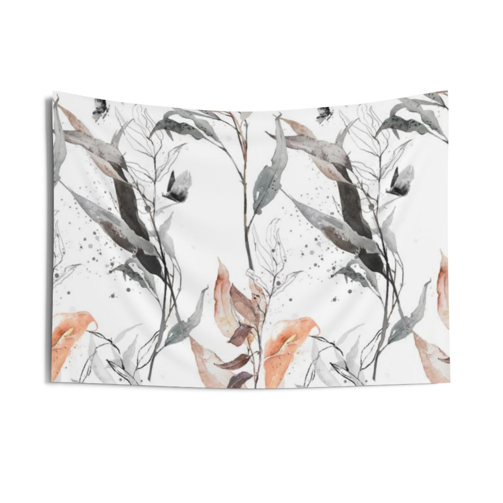 Floral Tapestry | Grey Salmon Pink White Leaves