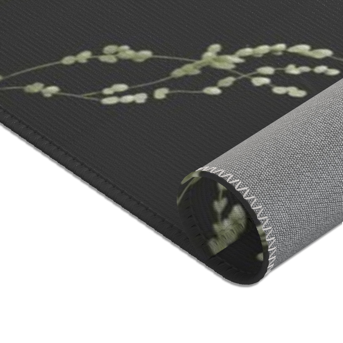 Floral Area Rug | Black Green Delicate Leaves