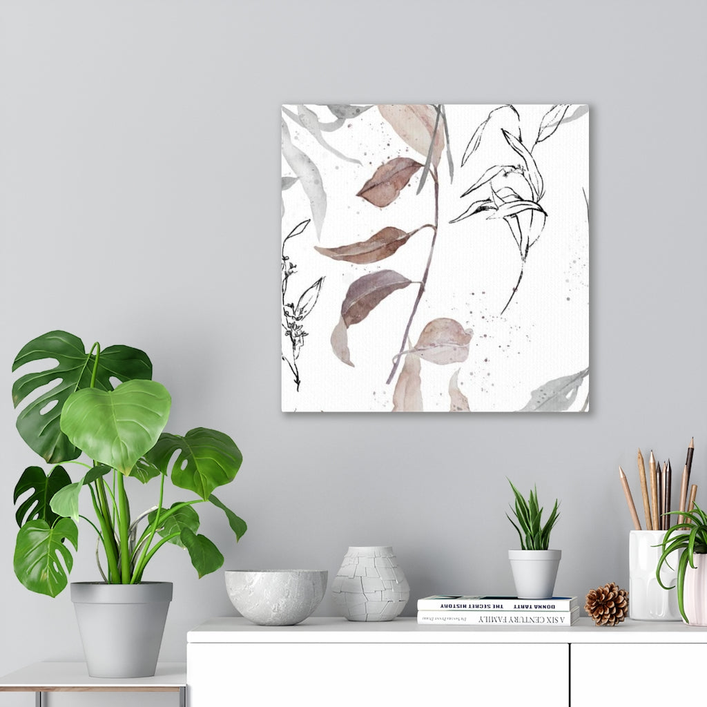 FLORAL WALL CANVAS ART | White Beige Grey Leaves