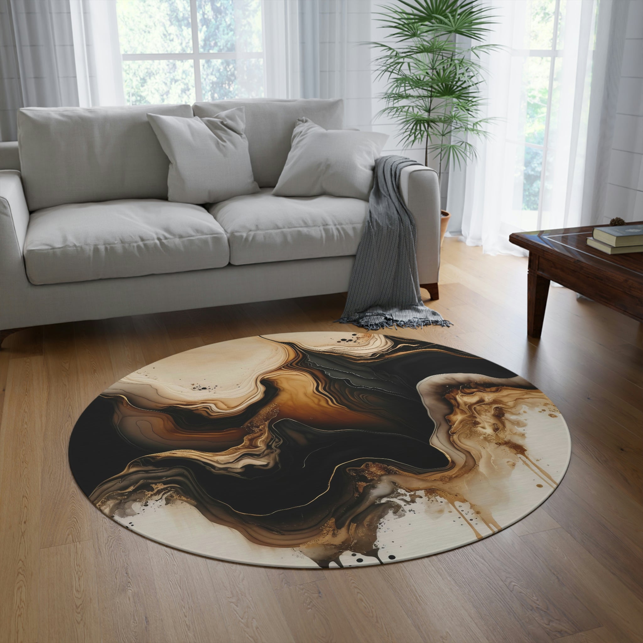 Round Area Rug | Brown Black Abstract