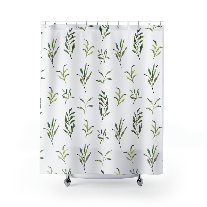 Floral Shower Curtain | Sage Green Leaves, White