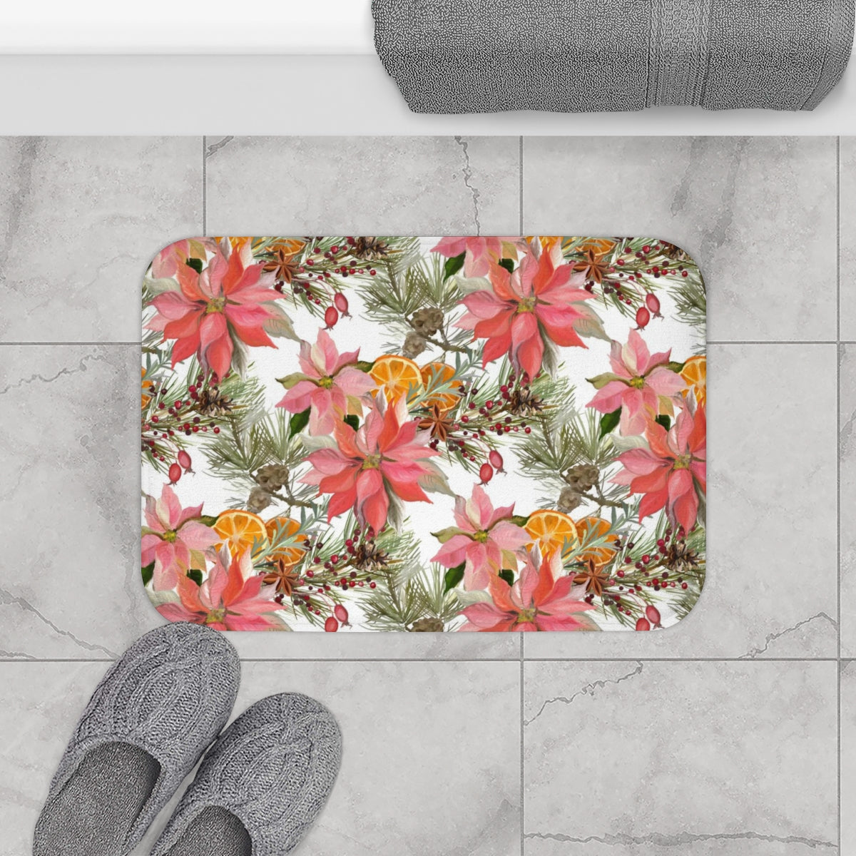 Christmas Bath Mat | White Red Green Poinsettias Citrus Leaves