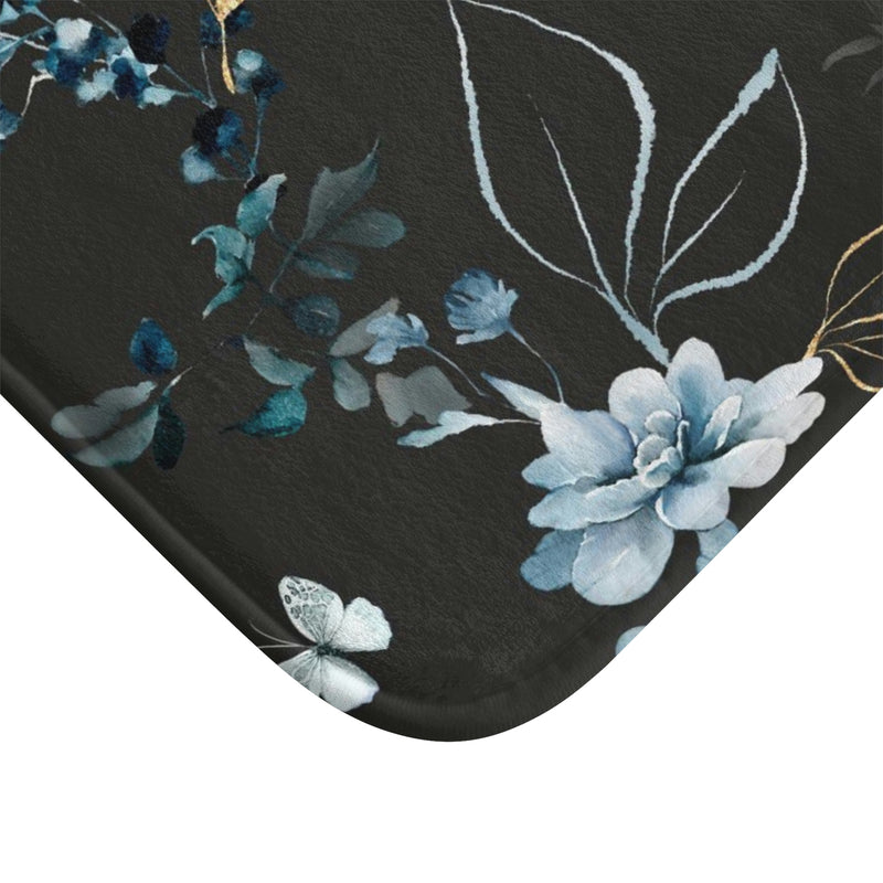 Floral Boho Bath, Kitchen Mat | Black Blue Peonies