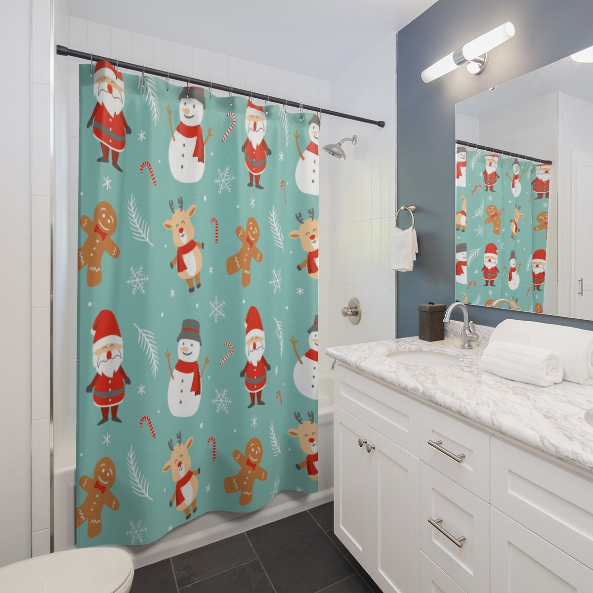 Christmas Shower Curtain | Green Reindeer Snowman