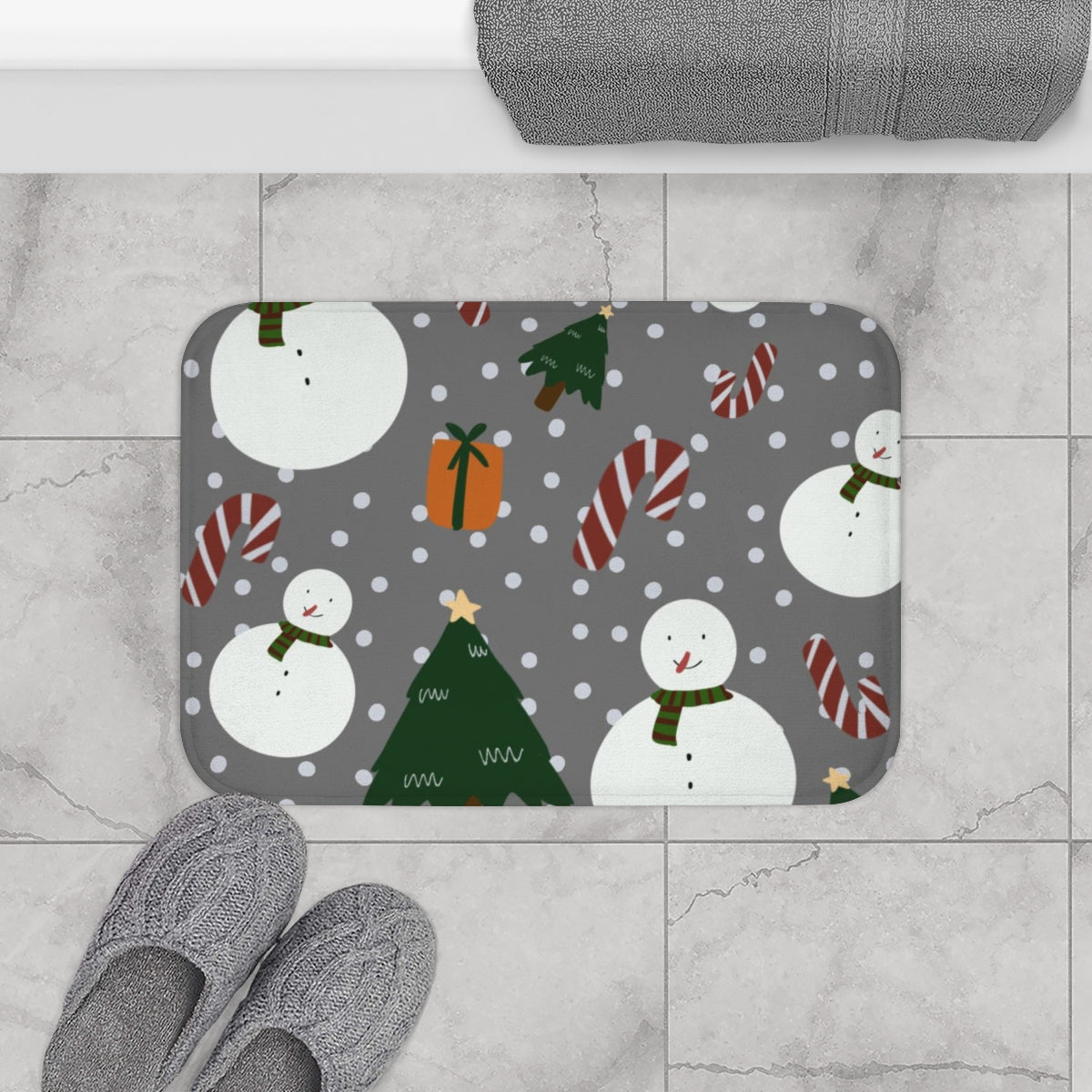 Christmas Bath Mat | Gray Snowman Candy Canes