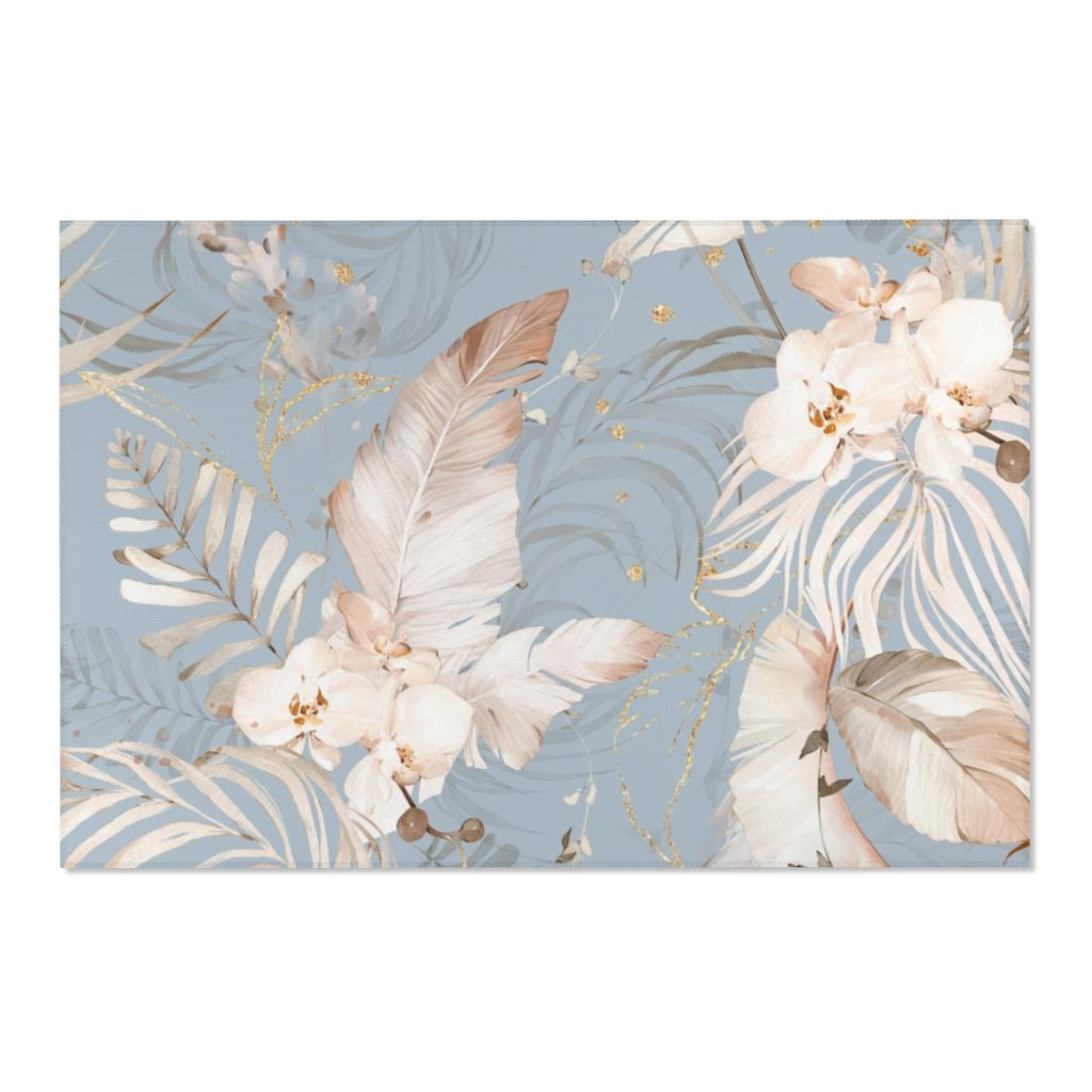 Floral Boho Area Rug | Blue Beige Orchids