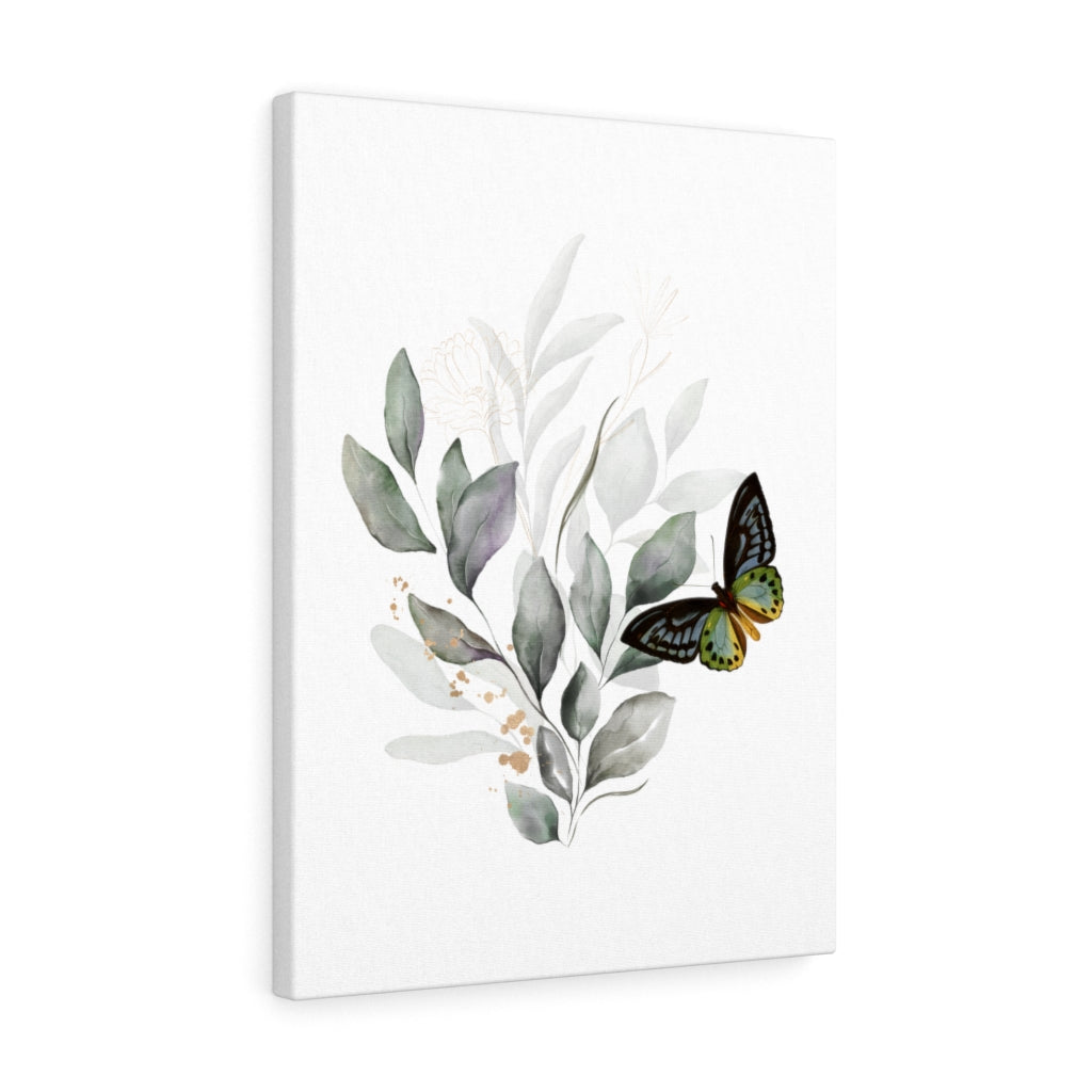 FLORAL CANVAS ART | White Grey Leaves Butterfly