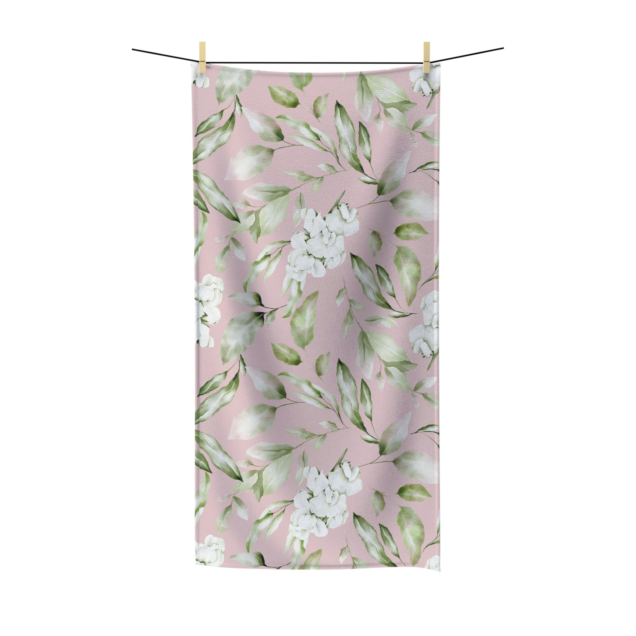 Boho Bath Towel | Floral Blush Pink, Sage Green Leaves