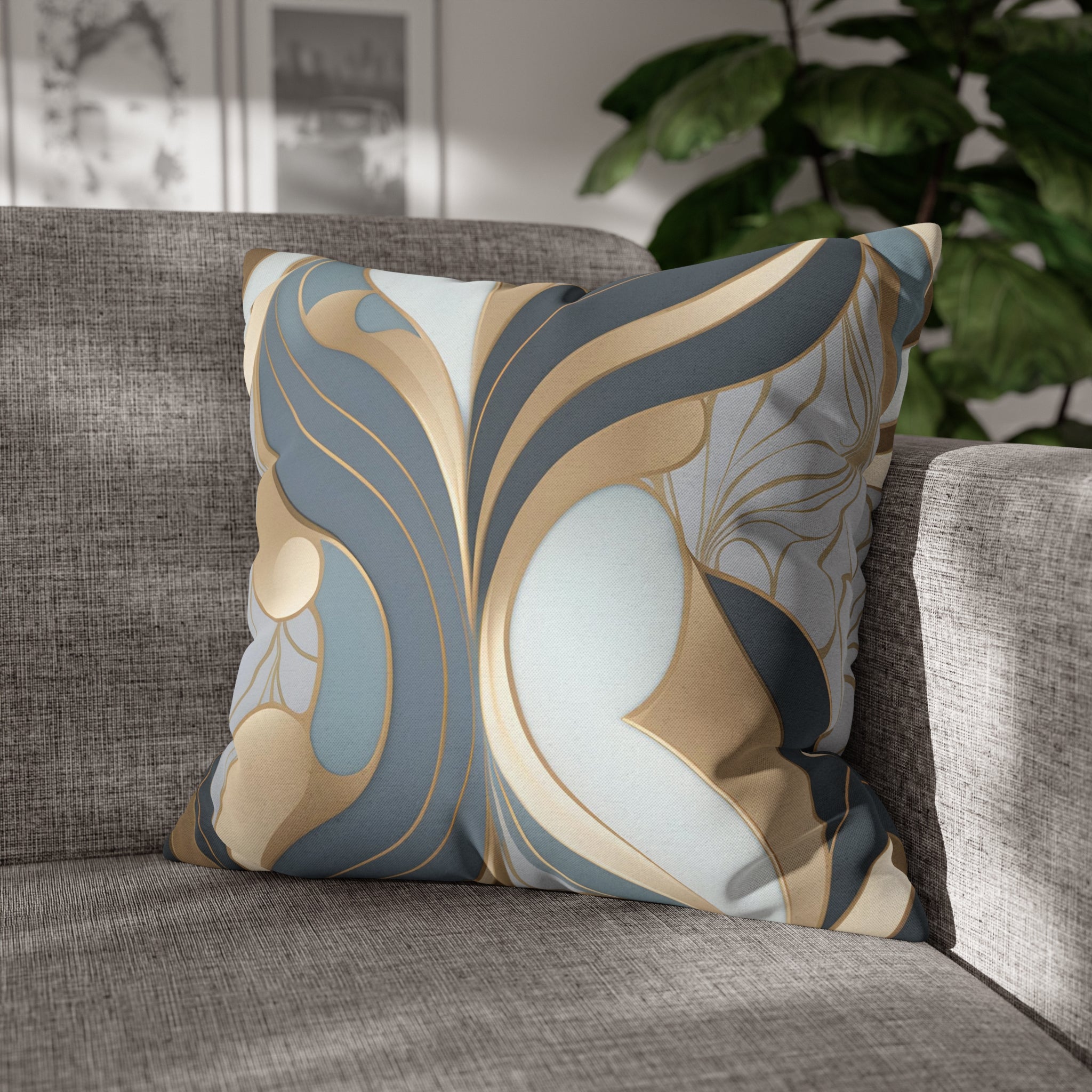 Abstract Boho Pillow Cover | Gray Blue, Gold Beige