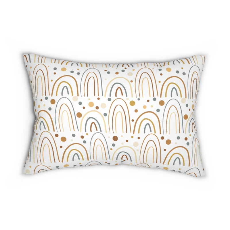 Whimsical Boho Lumbar Pillow | White Brown Navy Rainbows