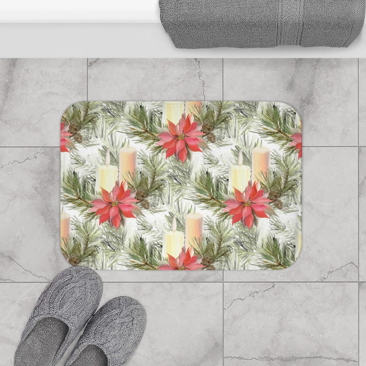 Christmas Bath Mat | Beige Candles Red Poinsettias