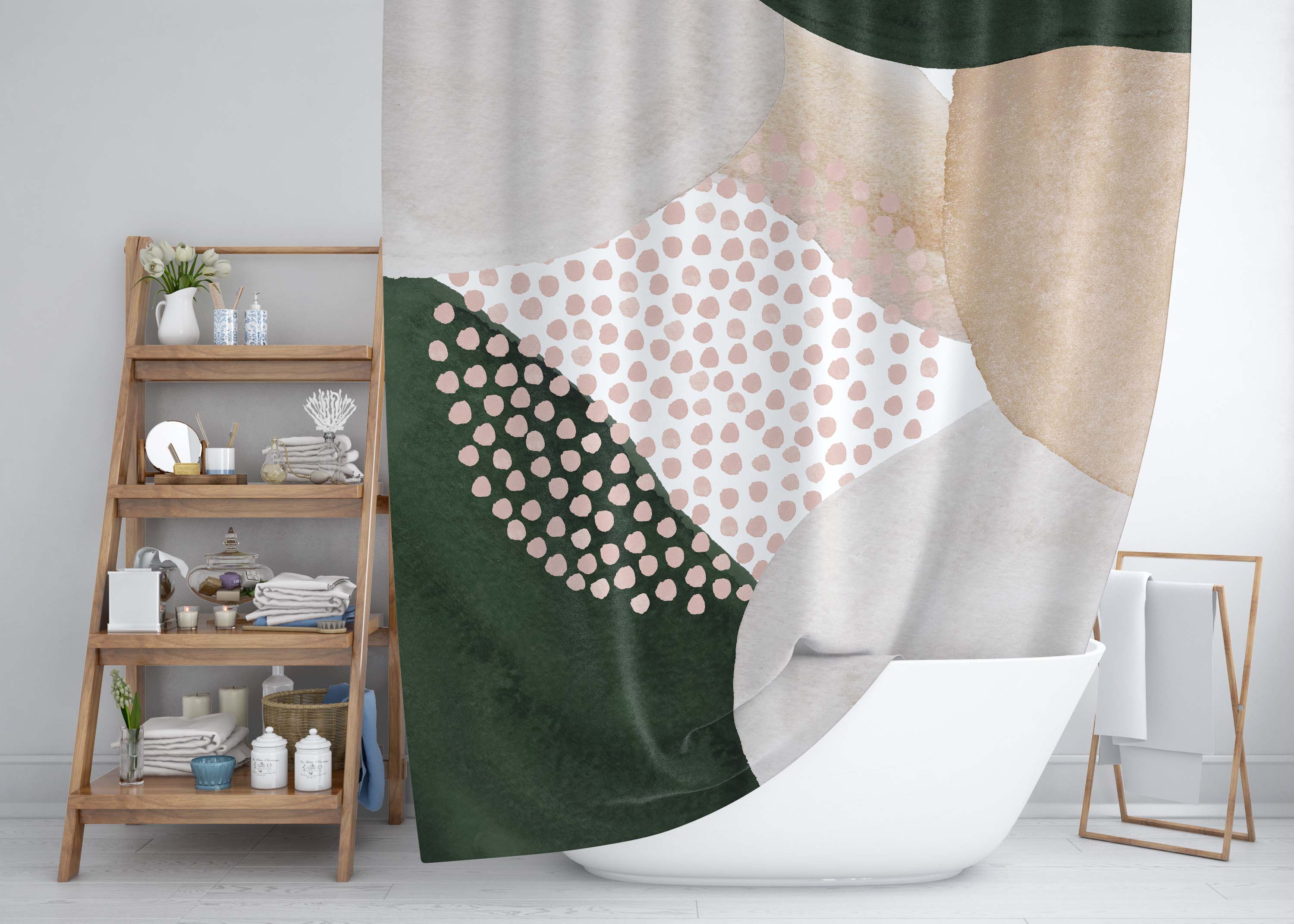 Abstract Boho Shower Curtain | Beige Cream Green