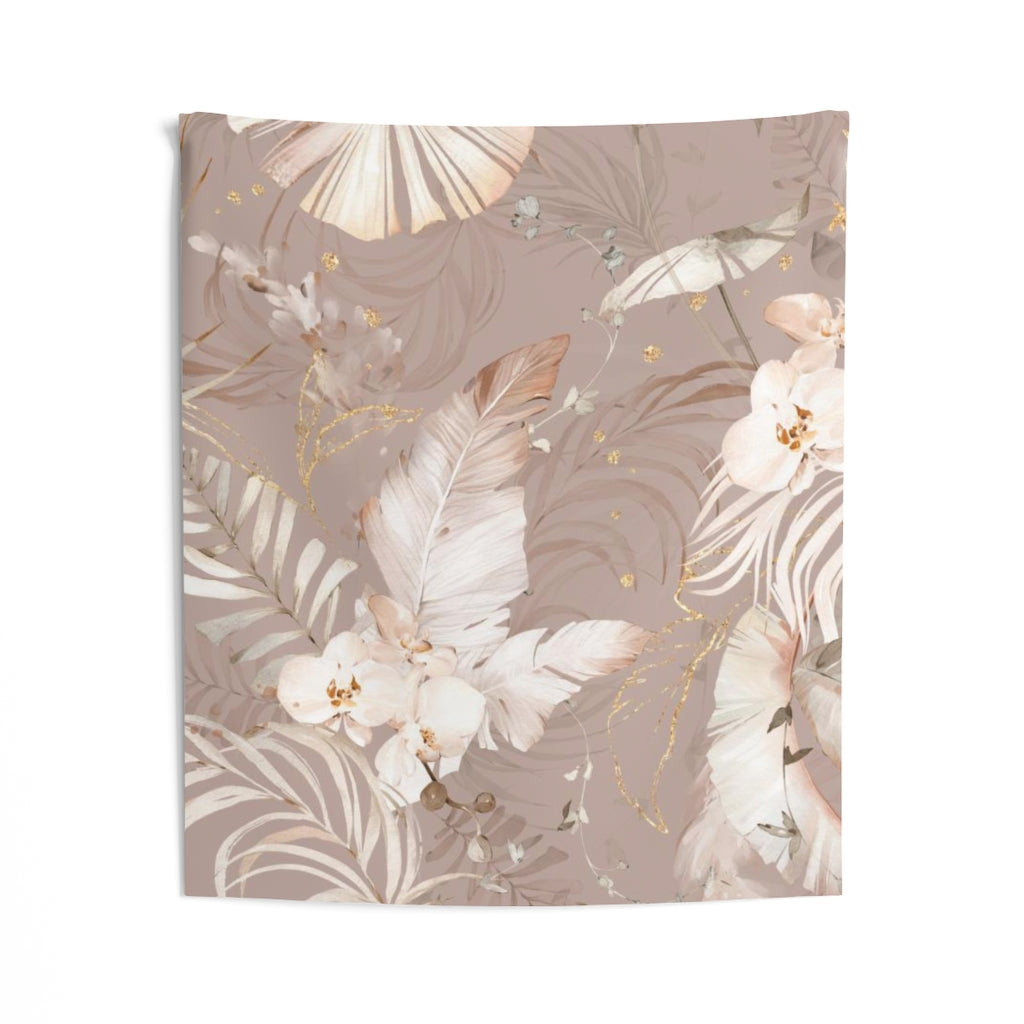 Floral Tapestry | Beige Cream Gold Tropical Leaves