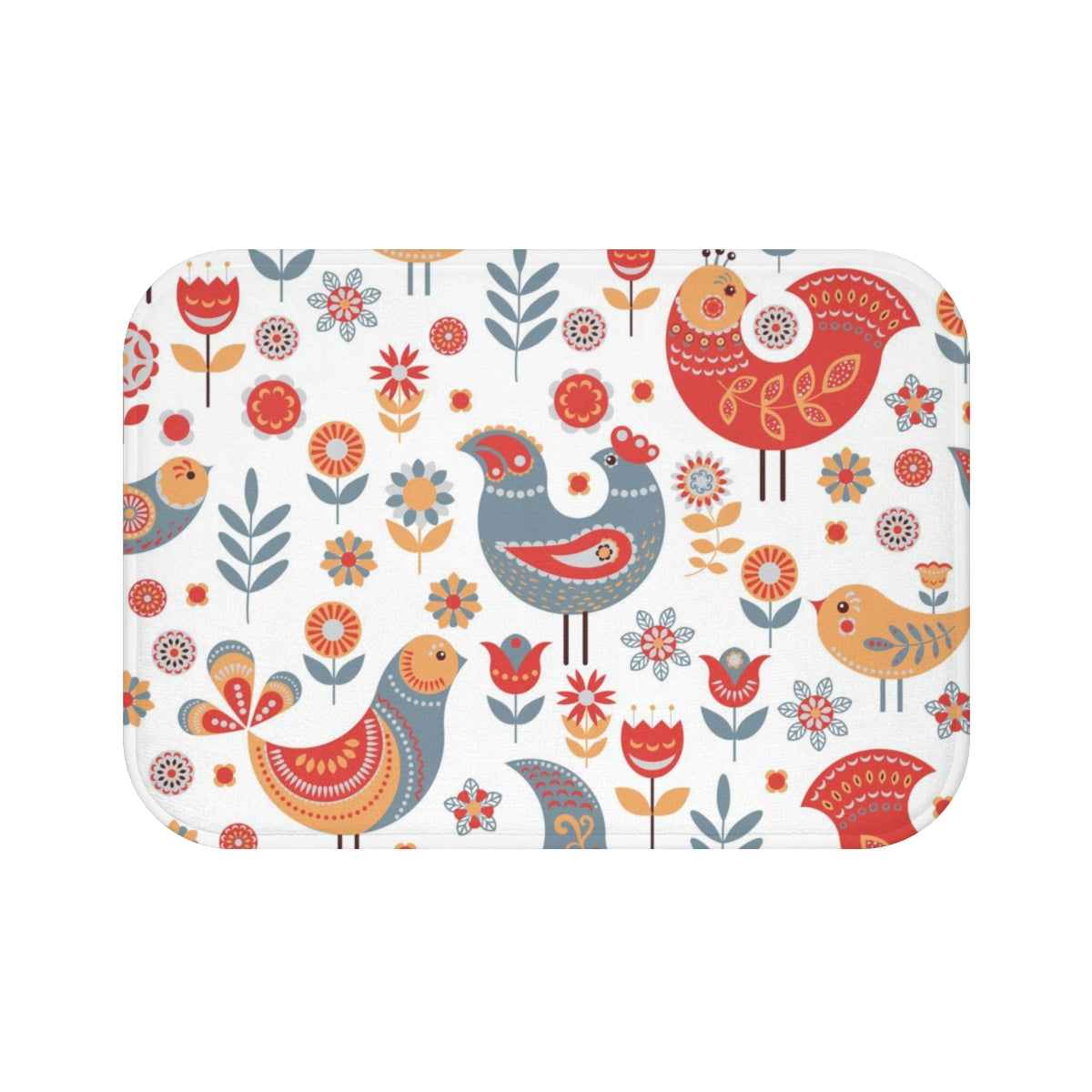 Christmas Bath Mat | White Gray Red Nordic Folk Birds