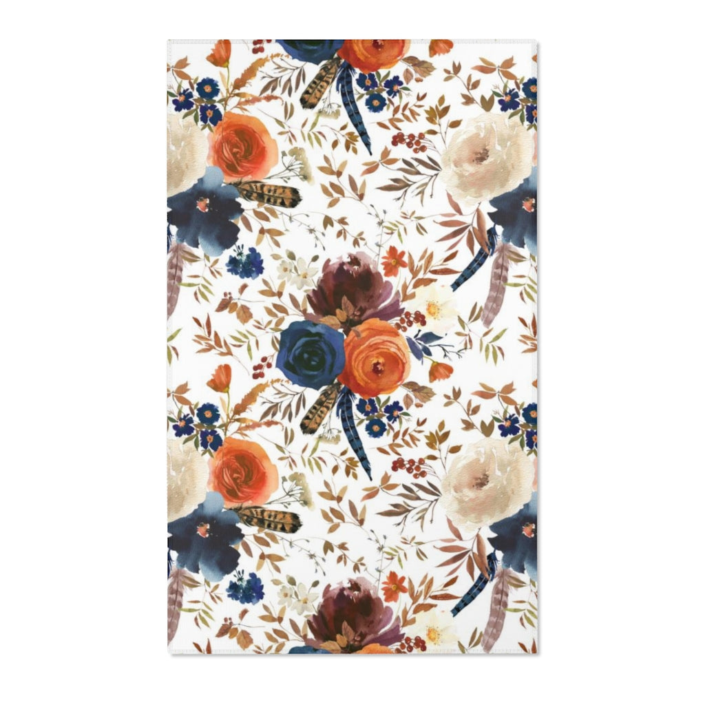 Floral Boho Area Rug | Blue Navy Bohemian Feathers