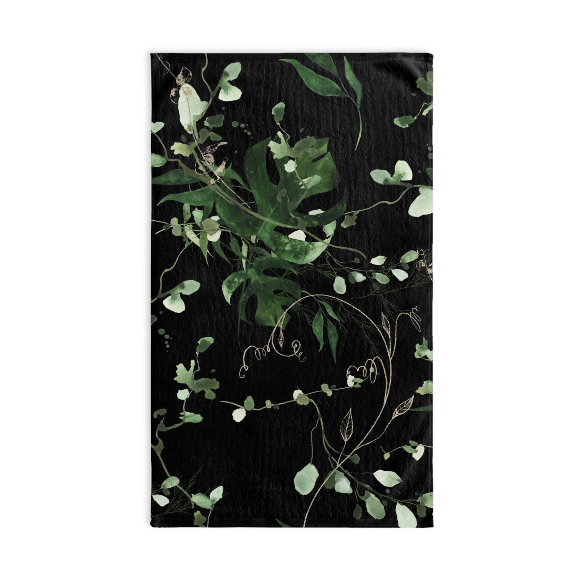 Floral Boho Kitchen, Bath Hand Towel | Jungle Black Monstera Sage Green Leaves