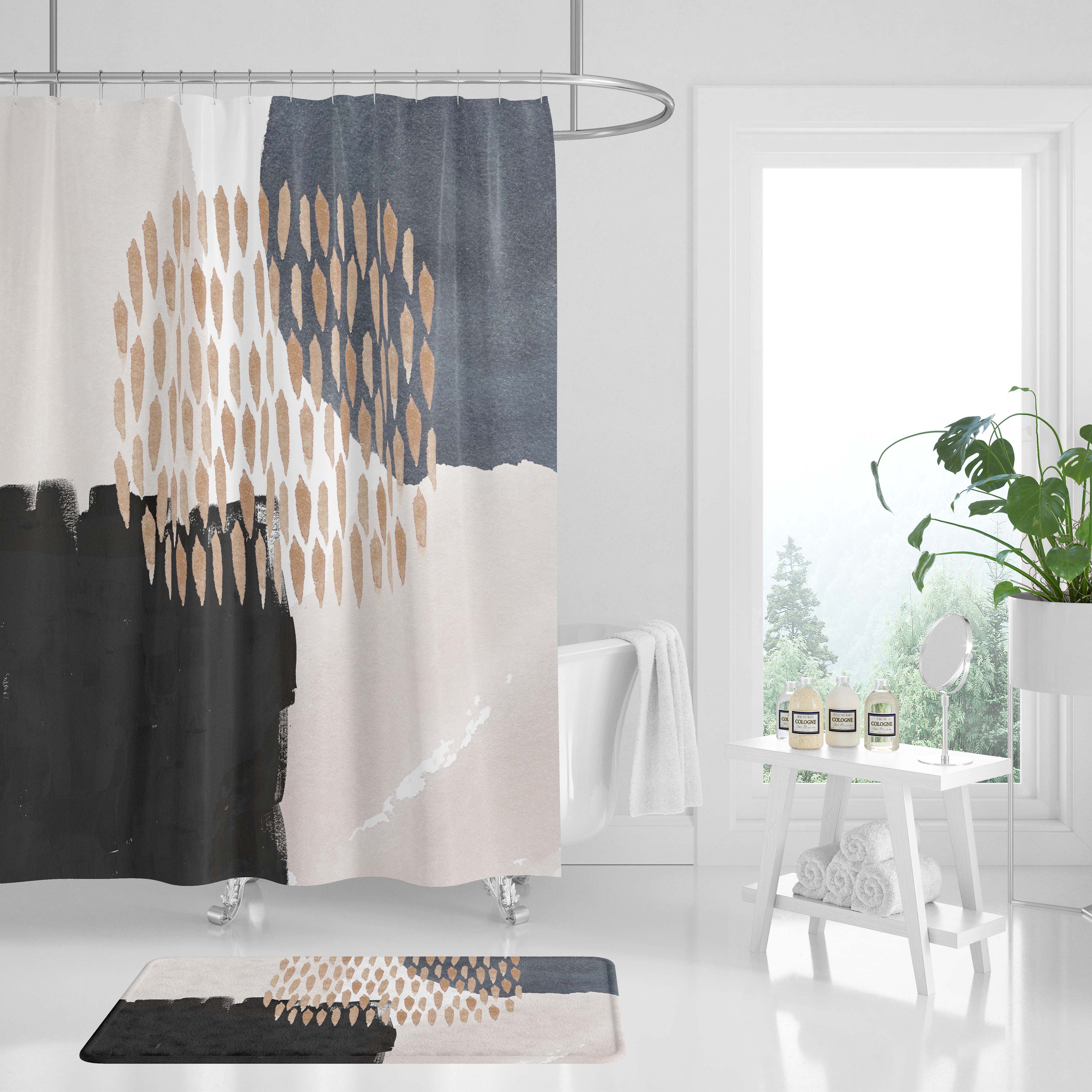 Abstract Boho Shower Curtain | Cream Beige Black