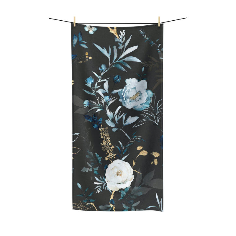 Floral Boho Bath Towel | Black Blue Peonies