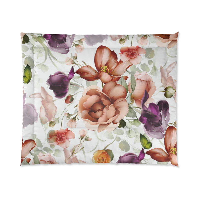 Floral Comforter | White Purple Rust Peonies Garden