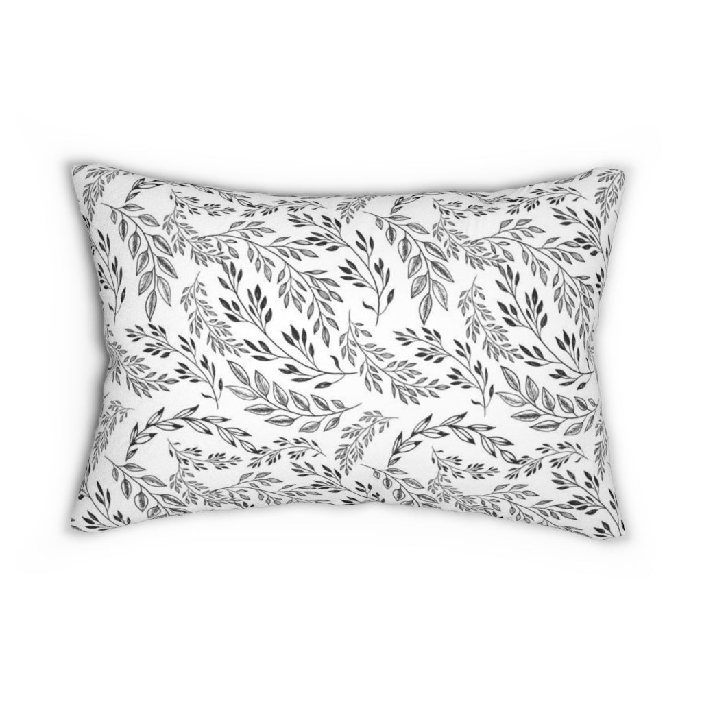 Floral Boho Lumbar Pillow | White Black Leaves