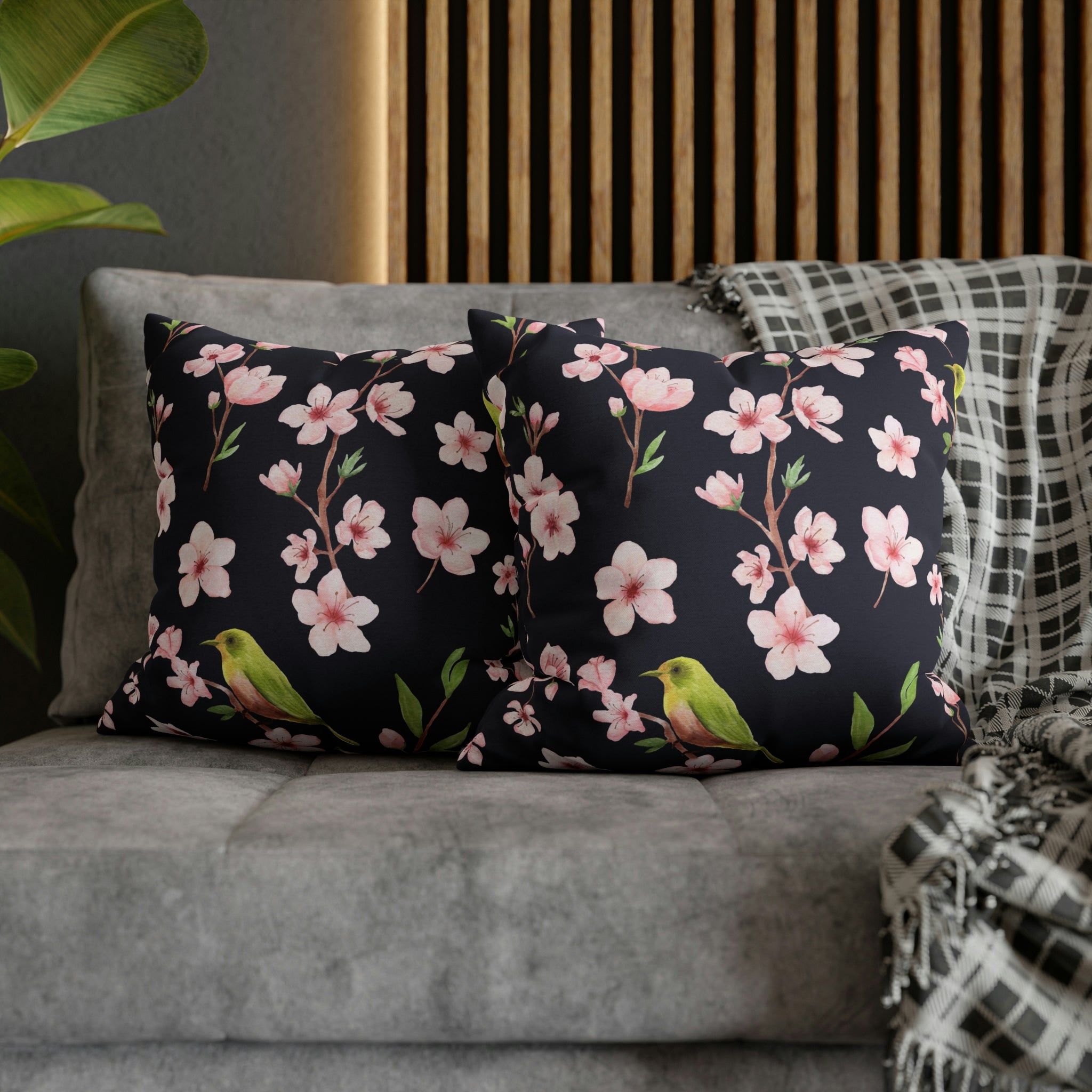 Floral Boho Pillow Cover | Pink Sakura, Green Bird, Black