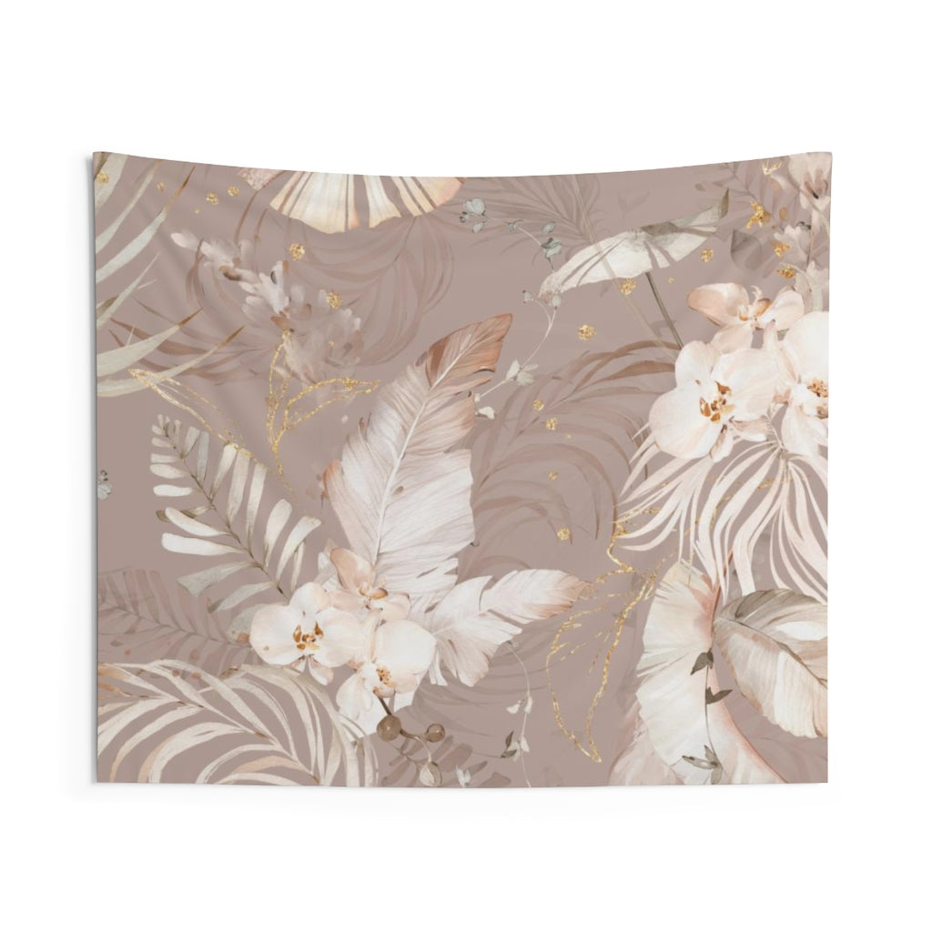 Floral Tapestry | Beige Cream Gold Tropical Leaves