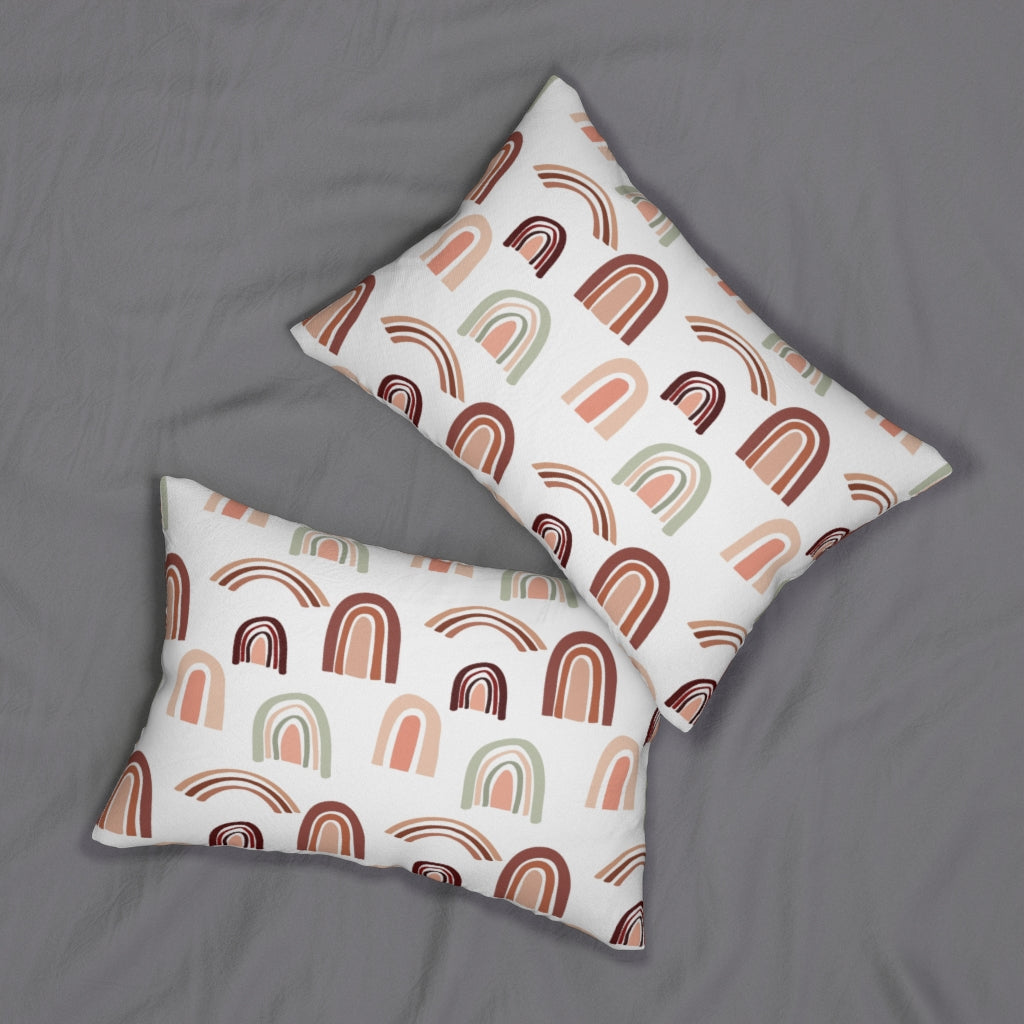 Whimsical Boho Lumbar Pillow | White Rust Brown Rainbow