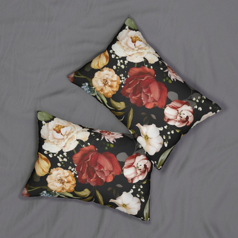 Floral Boho Lumbar Pillow | Black Red Cream Rose