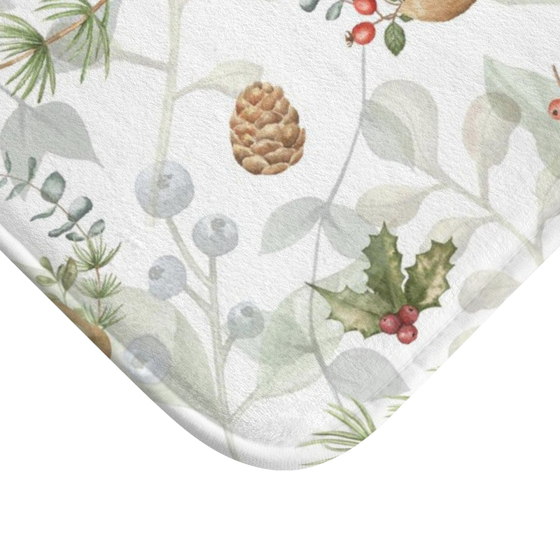 Christmas Bath Mat | White Green Mistletoe and Foxes