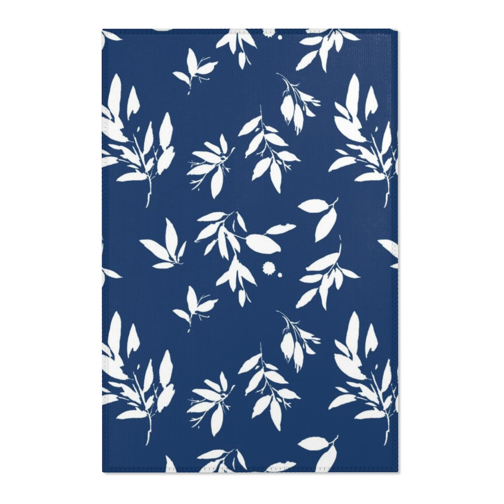 Boho Area Rug | Navy White Leaves