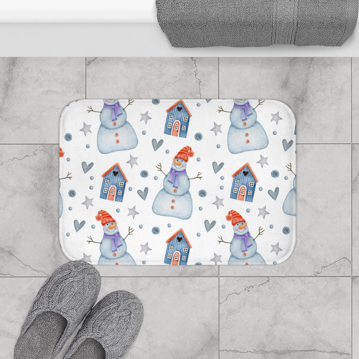 Christmas Bath Mat | White Blue Snowman Festive Homes