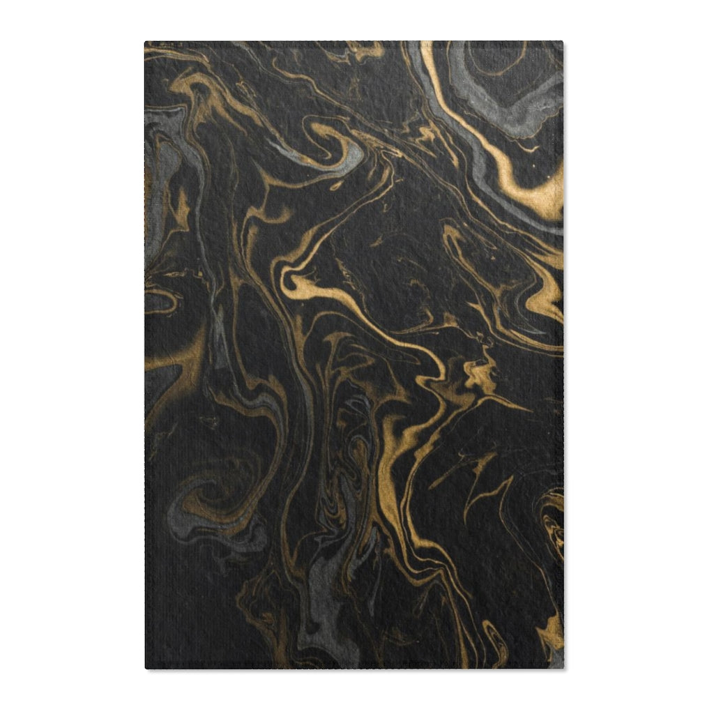 Abstract Area Rug | Black Beige Gold Marble