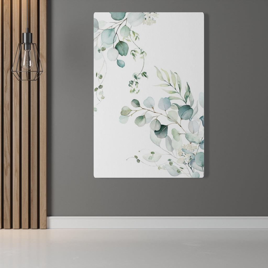 Floral Wall Canvas Art | White Green Eucalyptus Leaves