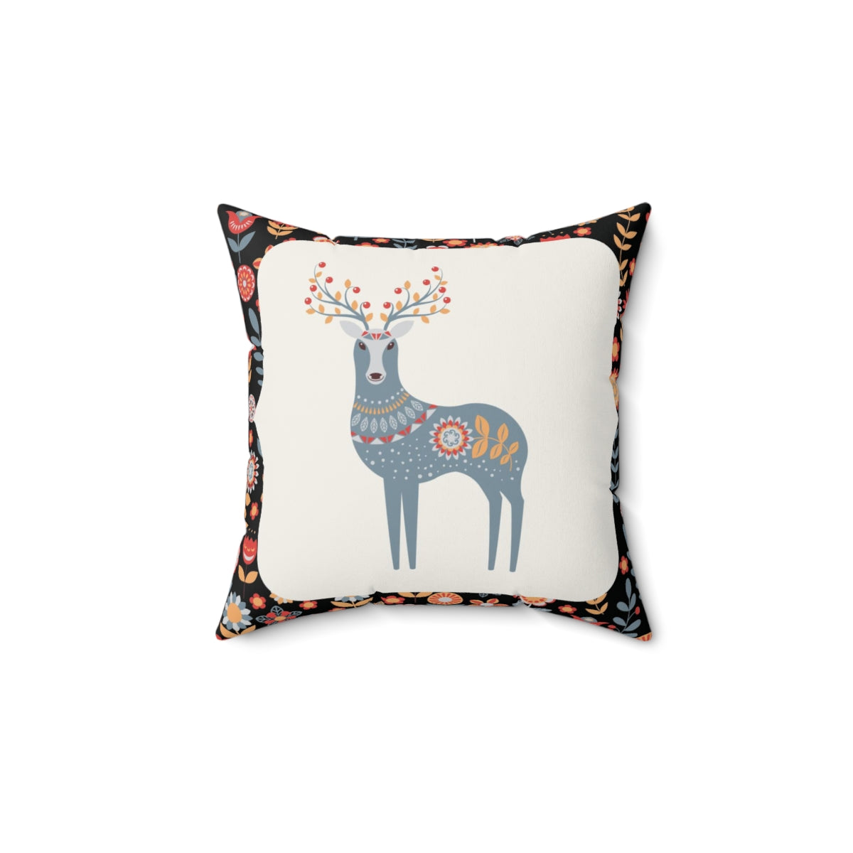 Scandi Nordic Boho Square Pillow Cover | Black Blue Raindeer Floral